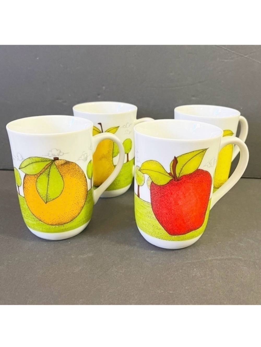 Dept 56 Orchard Pattern Mugs Lynda Sylvester Orange Lemon Pear Apple Fall Lot 4x